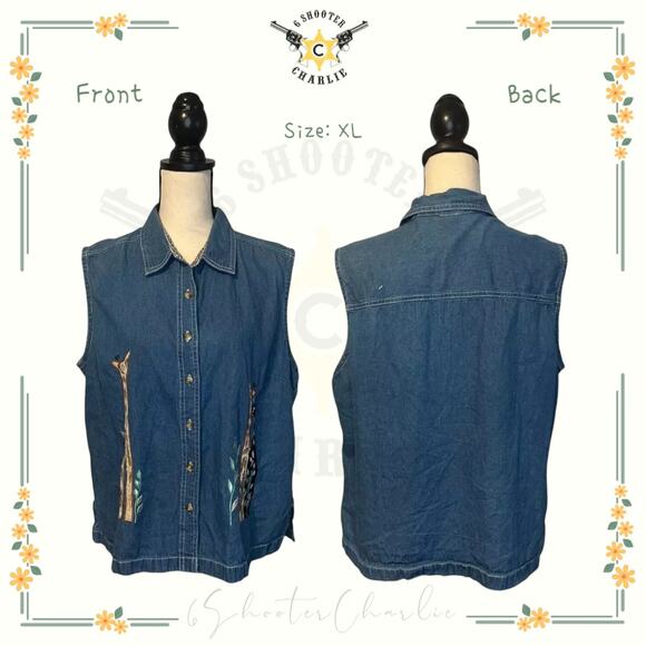 Vintage Blair Embroidered Giraffe Vest Womens XL Blue Denim Jean Top Button Up - Picture 1 of 8